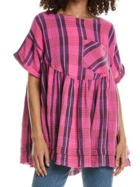We The Free Small Pink & Purple Plaid Babydoll Tunic Top Cotton Short Sleeve